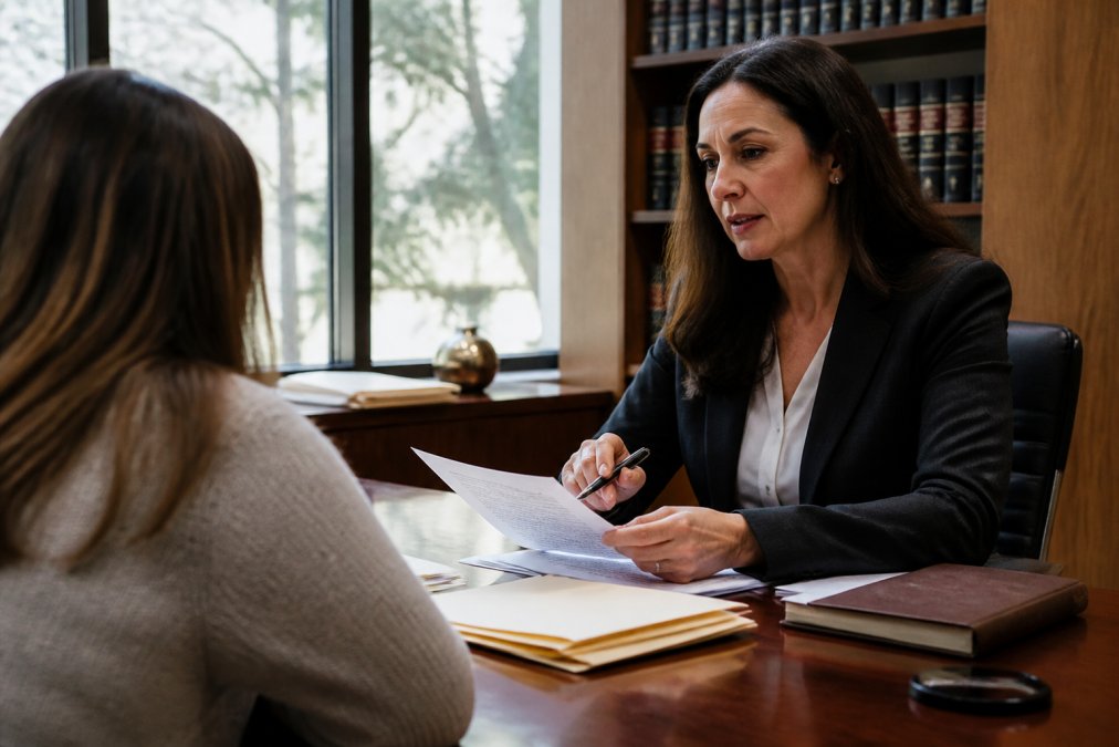 Professional attorney in business attire sitting across from a client in modern law office, reviewing case documents and discussing strategy during a consultation with natural office lighting