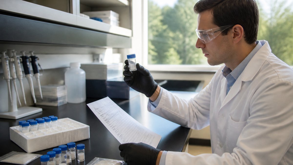 Professional laboratory scientist examining peptide vials and a Certificate of Analysis document at a clean lab bench with organized equipment, natural window lighting