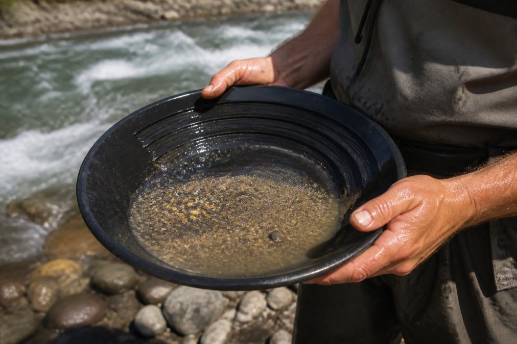 Close-up of a miner's hands holding a gold pan with water and raw placer gold flakes shining in the sun, with a rushing stream in the background