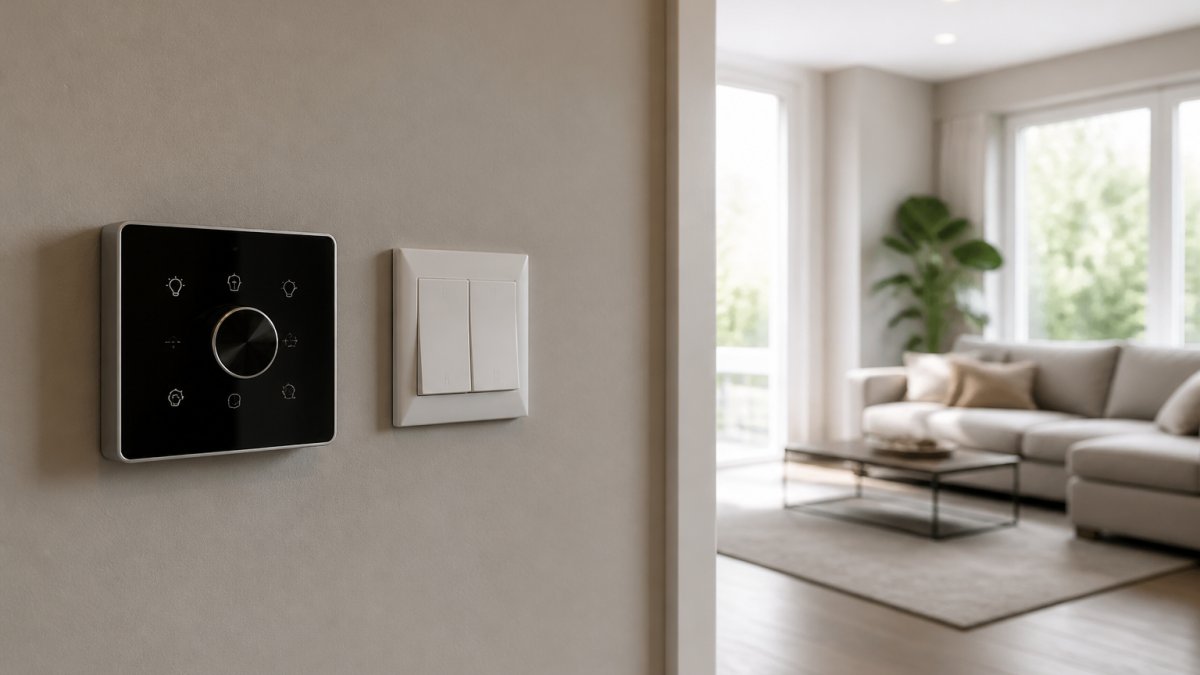 Moderne slimme touchscreen controller naast traditionele wandschakelaar voor domotica vs traditionele elektriciteit
