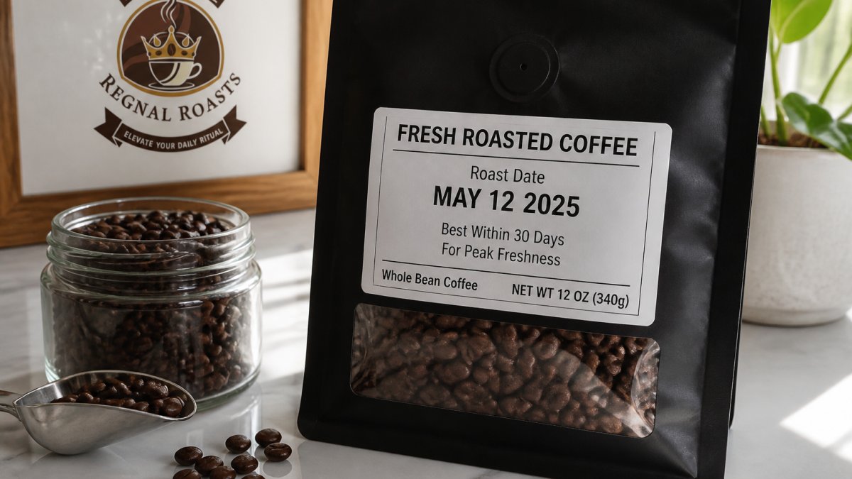 Close-up of coffee bean packaging showing roast date label and freshness information, with whole beans visible against white background and natural light