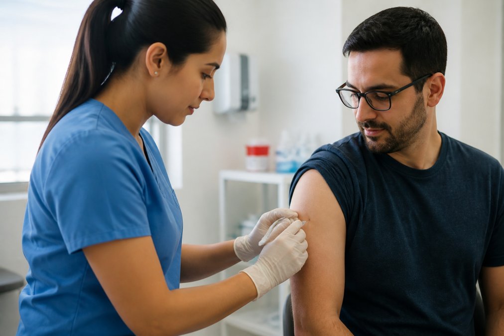 Enfermera aplicando inyección intramuscular en el brazo de un paciente adulto en una clínica moderna con iluminación natural y equipo médico profesional