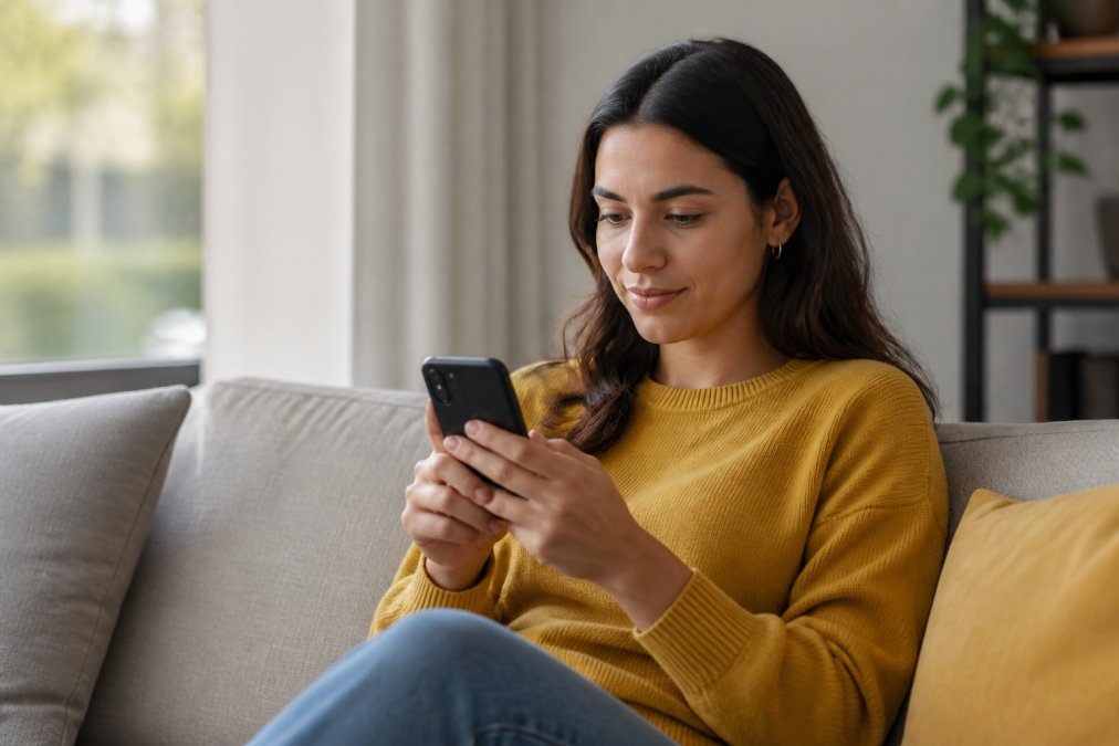 Persona adulta consultando en línea en su teléfono inteligente para agendar una cita médica de vacunación, sentada en un espacio cómodo con luz natural