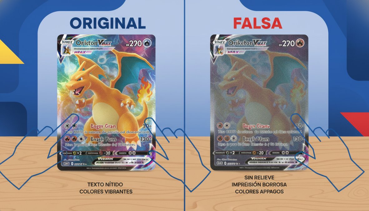 Dónde comprar cartas Pokémon originales: guía completa 1 Close-up de dos cartas Pokémon TCG sobre una mesa de madera, una original con brillo holográfico vívido y textura visible, otra con impresión ligeramente borrosa y acabado mate, con una mano señalando las diferencias entre ambas bajo luz natural de ventana