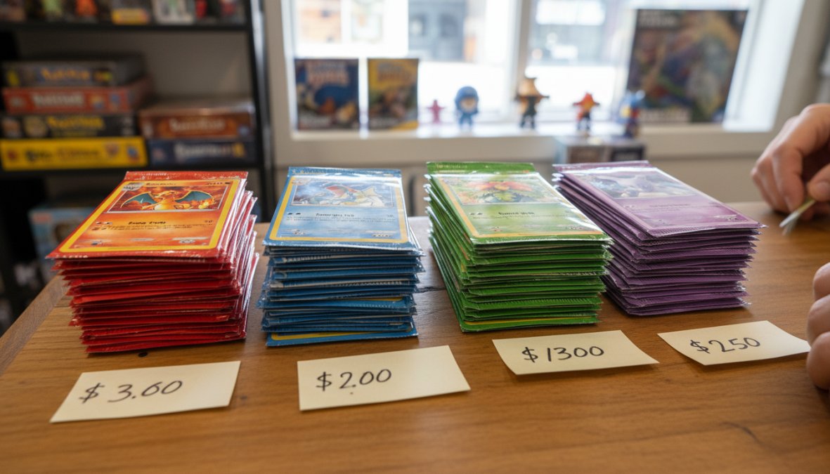 Dónde comprar cartas Pokémon originales: guía completa 2 Vista cenital de varios productos TCG Pokémon sobre una superficie blanca: sobres sellados de booster packs, una caja de mazo de inicio, varias cartas holográficas sueltas y una pequeña etiqueta de precio visible junto a los productos, bajo iluminación de estudio