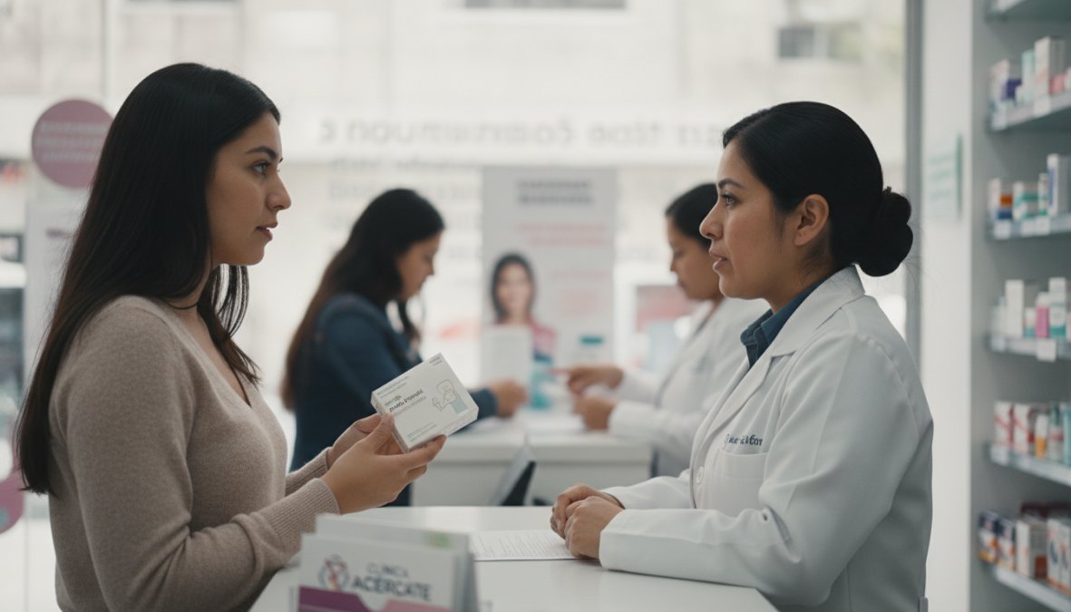 Personal de salud atendiendo a un cliente en una farmacia moderna en CDMX donde se puede adquirir la pastilla postcoital c...