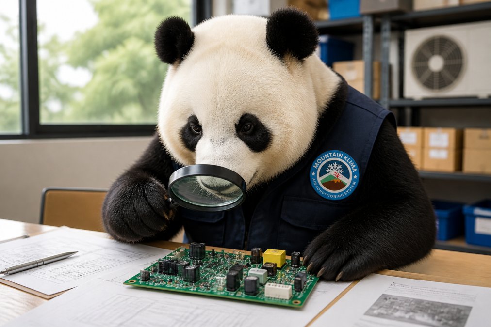 Un panda inspeccionando de cerca una placa electrónica con lupa, examinando detalles y códigos en un escritorio bien iluminado, rodeado de documentación técnica