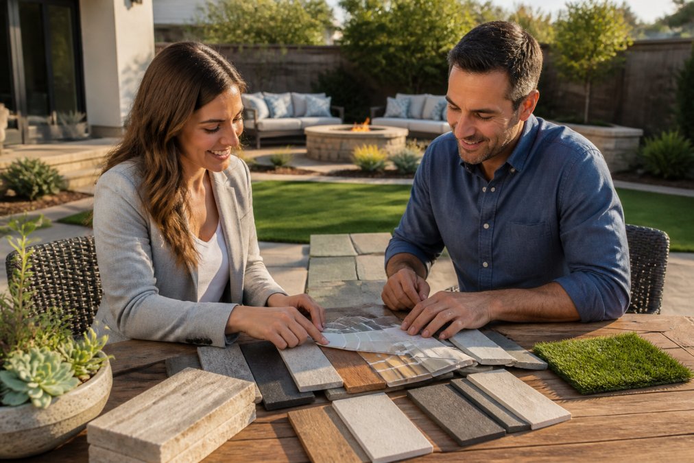 Professional landscape designer reviewing color swatches and hardscape material samples with homeowner in a residential backyard setting under afternoon sunlight