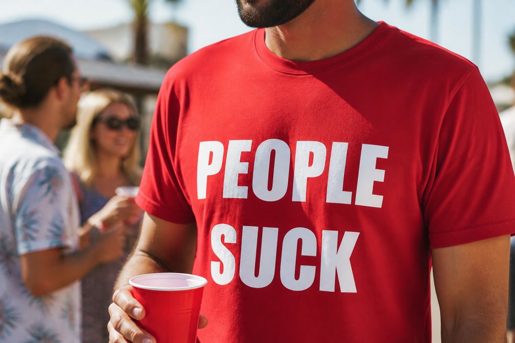 Close-up of high-quality graphic tee fabric showing crisp print detail and vibrant colors, with person wearing the shirt at a casual outdoor social gathering, natural daylight