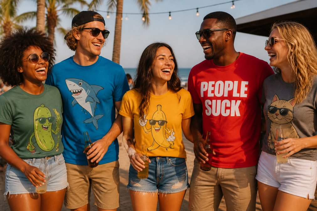 Group of diverse friends at a casual beach gathering wearing bold, colorful graphic tees with different humorous designs, laughing and interacting in natural sunlight