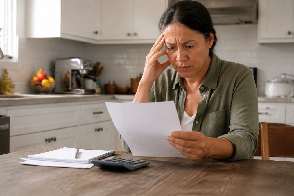 A person sitting at a kitchen table reviewing a settlement letter from an insurance company, with a calculator and notepad nearby, looking concerned