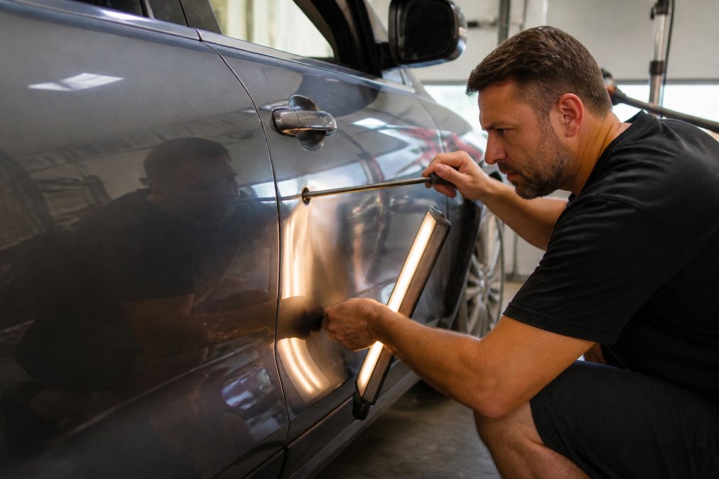 Professional technician using specialized metal tools to carefully remove a door ding from a vehicle panel, demonstrating precision paintless dent repair technique in a well-lit workshop
