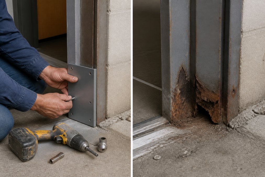 Close-up of a maintenance worker's hands installing a metal Jamb Patch over a rusted section at the bottom of a commercial steel door frame, with a cordless drill and hand tools on the floor nearby