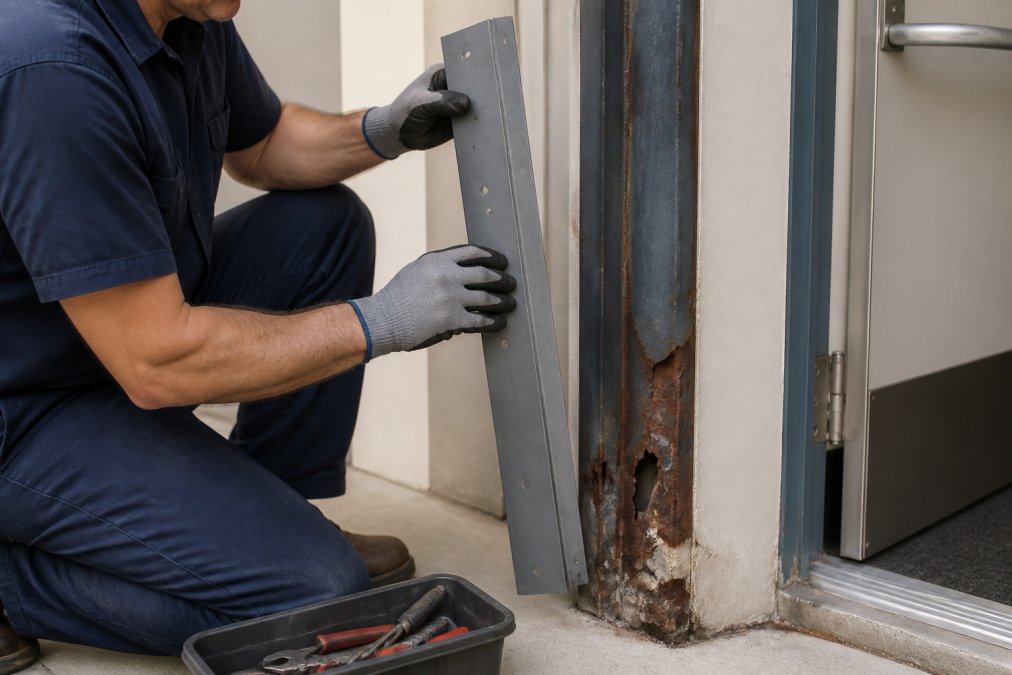 A maintenance technician in work gloves holding a full-height steel Jamb Patch against a rusted commercial door frame, with the corroded bottom section clearly visible and a toolbox on the floor nearby