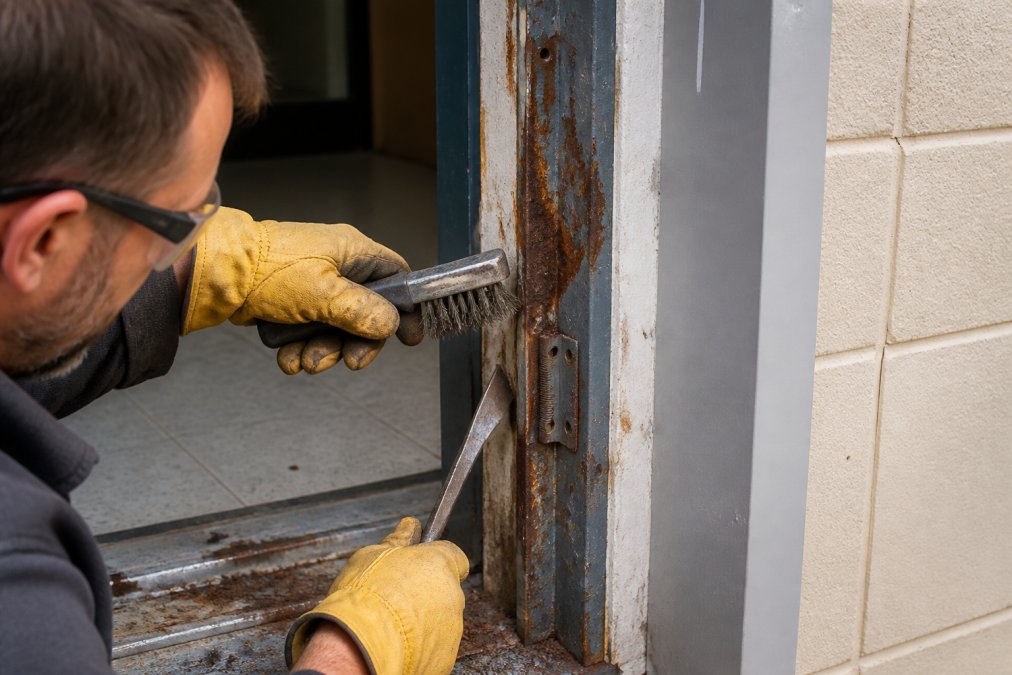 Professional maintenance technician using a wire brush and chisel to remove rust and corrosion from a steel door frame, with rust particles and debris visible on the work surface