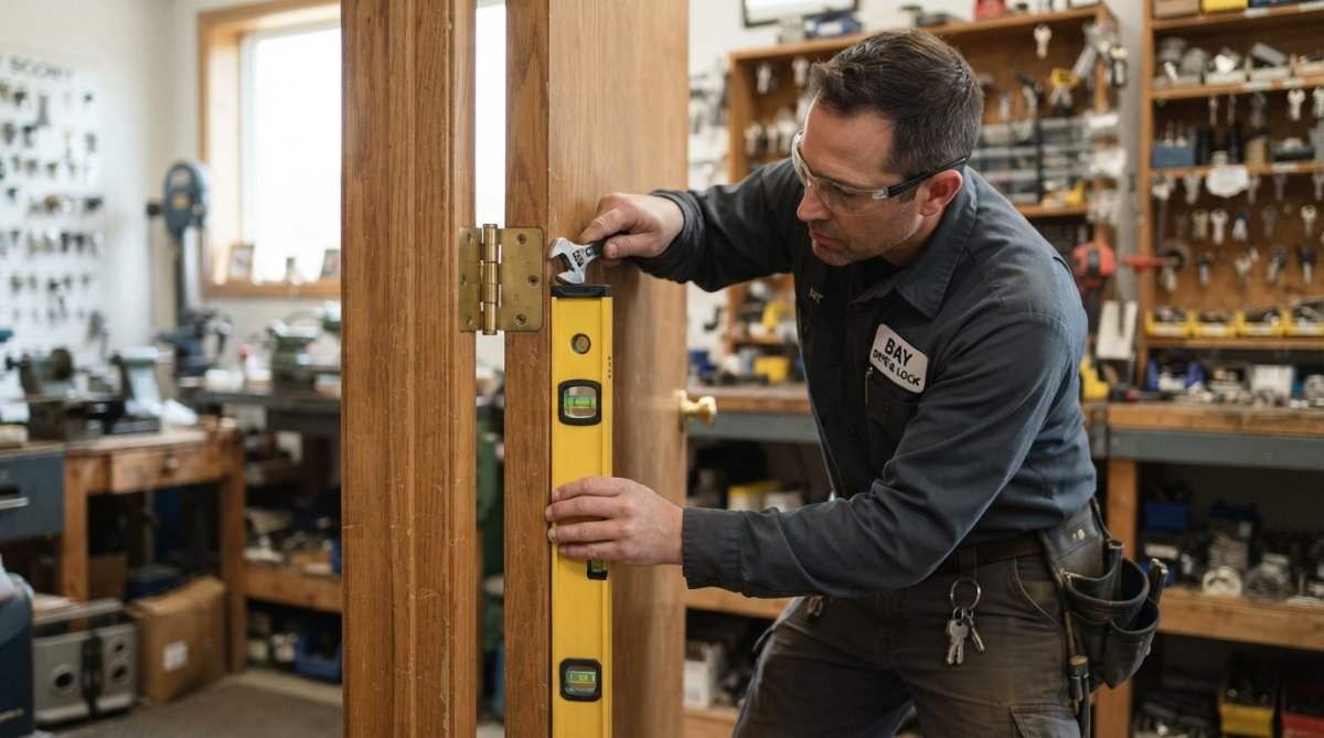 Professional locksmith using a level tool to check vertical door alignment while examining hinge fasteners with a wrench, demonstrating proper inspection technique with natural workshop lighting
