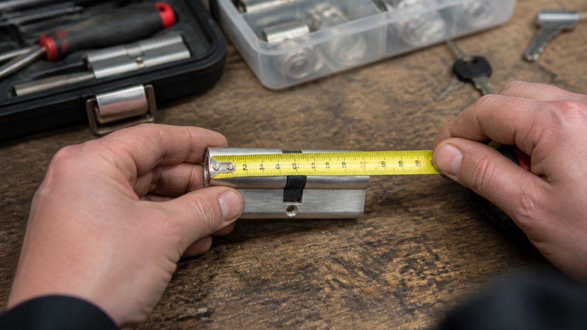 Close-up of a person's hands holding a tape measure against a euro cylinder lock removed from a door, with the lock body resting on a workbench and measurement markings clearly visible