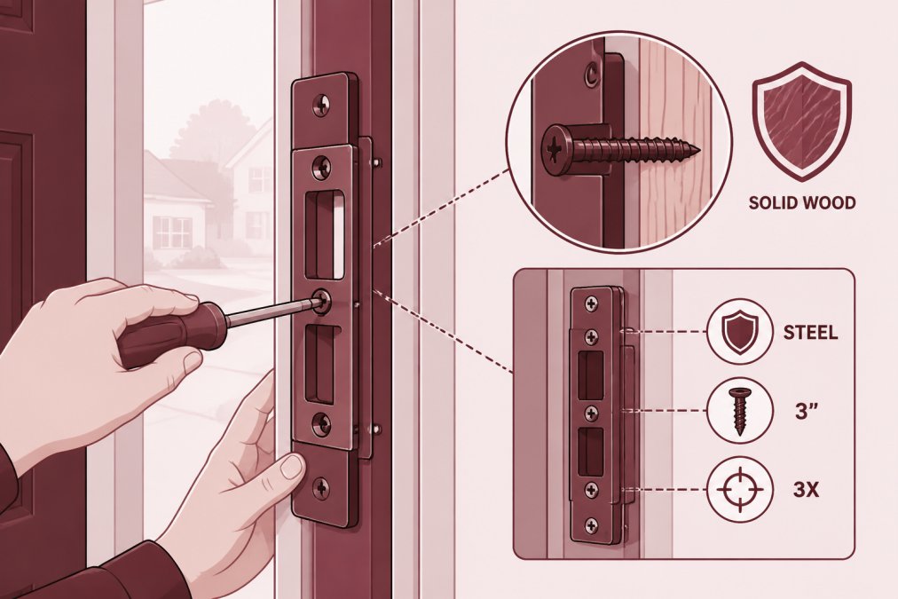 Close-up of hands installing reinforcement hardware on an exterior door frame, showing the strike plate assembly being secured with heavy-duty screws into solid wood framing, natural daylight from the entrance