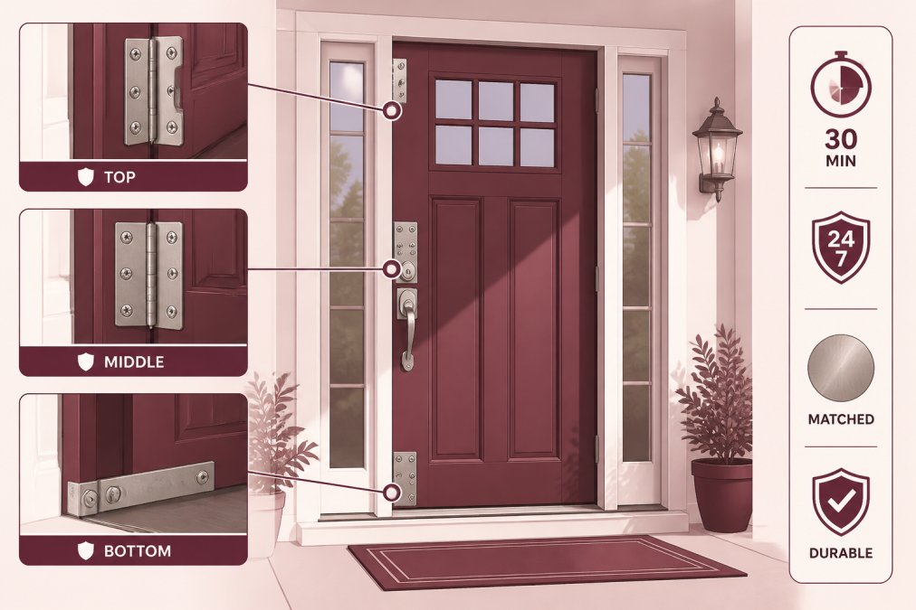 Wide shot of a reinforced residential front door with installed security hardware, showing how the galvanized steel components blend seamlessly with traditional brushed nickel hinges and hardware, afternoon sunlight on the entryway
