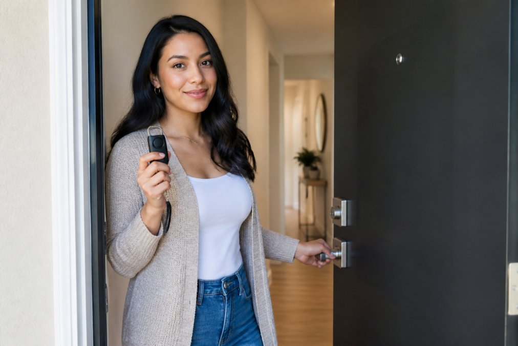 Woman holding a portable door security device while standing at her apartment entryway