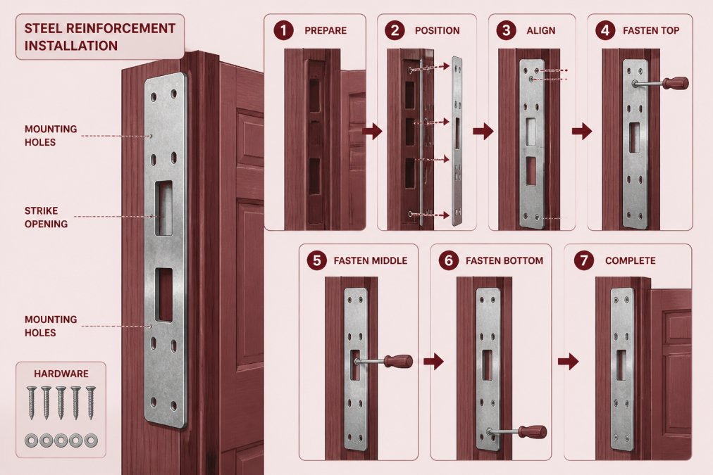 Close-up of a galvanized steel door reinforcement plate being installed on a wooden door frame, showing the hardware mounting points and installation process clearly
