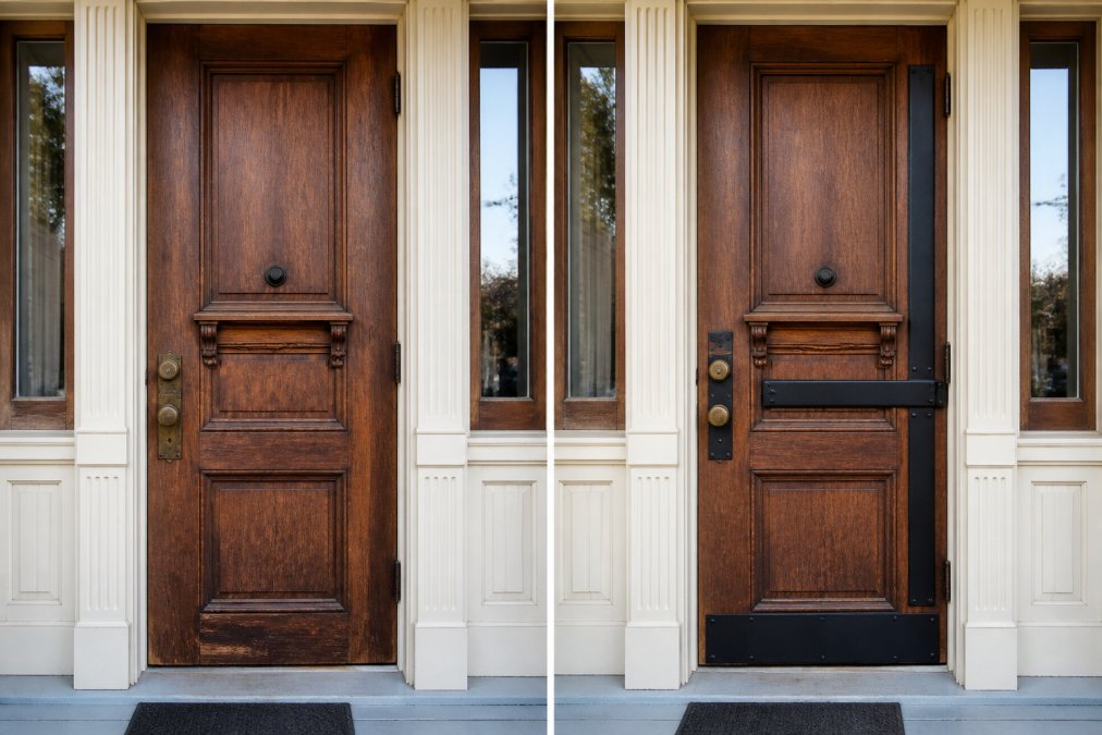 Before-and-after view of an antique wooden door with security hardware installed, showing how modern reinforcement blends seamlessly with historic trim and period finishes
