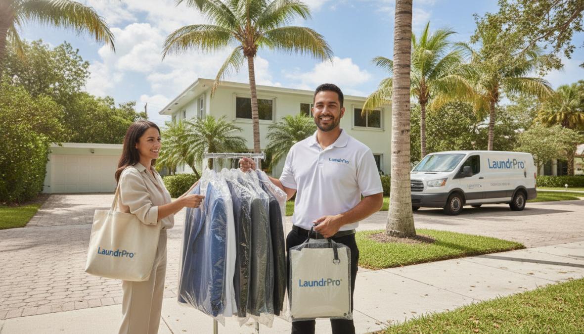 LaundrPro driver collecting a canvas laundry bag from a Miami homeowner's front entrance on a sunny afternoon, with palm trees visible in the background