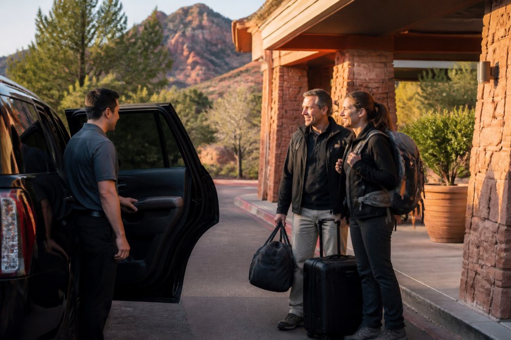 A driver in a collared shirt holding a passenger door open for a smiling couple outside a Sedona hotel entrance in the early morning, luggage and day packs visible