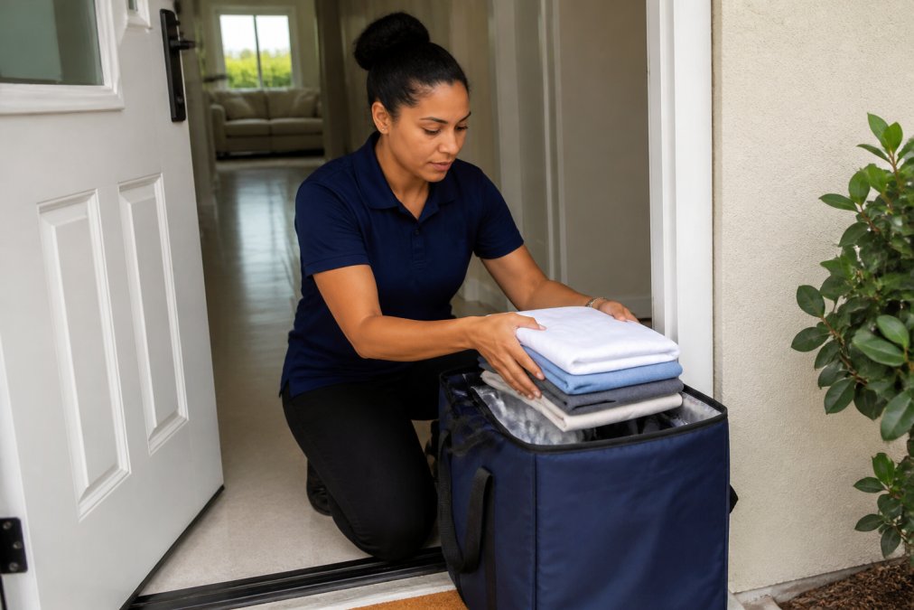 Professional laundry worker carefully folding clean clothes in branded uniforms at a modern facility with organized shelving systems and quality control stations