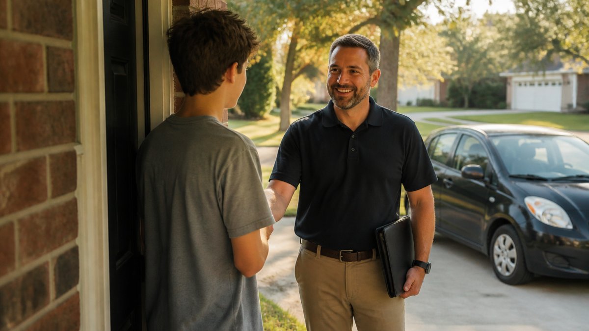 A driving instructor in a branded polo shirt greeting a teenager at the front door of a suburban brick home, a compact driving school car parked in the driveway behind them, late afternoon sunlight