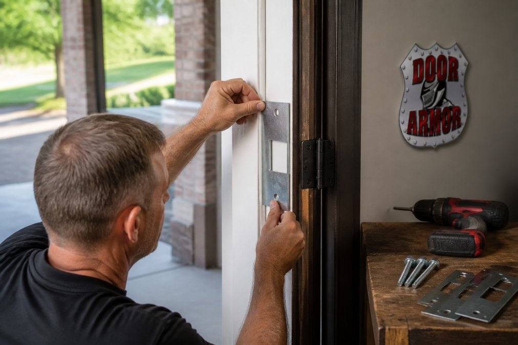 Homeowner's hands positioning and securing galvanized steel hinge shields on a door frame, with mounting bolts, screws, and an electric drill visible on a workbench nearby