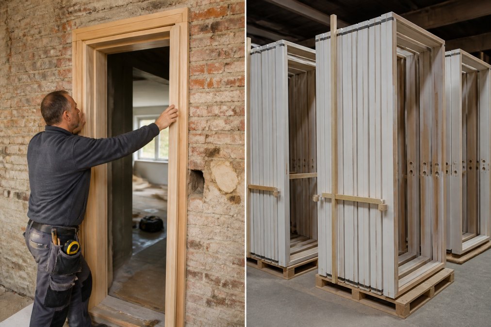 Skilled craftsperson measuring and fitting a custom wooden door frame into a period property opening, demonstrating precision joinery work and attention to detail with natural workshop lighting