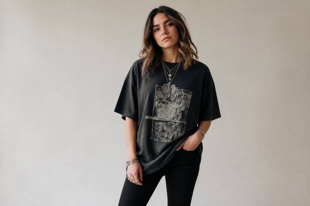Person wearing an oversized dope graphic t shirt styled with fitted black jeans and layered accessories, standing confidently in natural studio lighting with neutral background