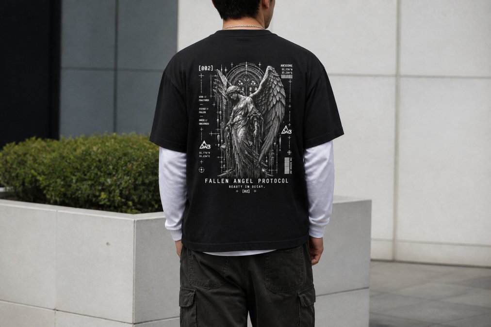 Person wearing a heavyweight premium graphic tee styled casually with layering, showing the fit, silhouette, and how the design sits on the garment in natural daylight
