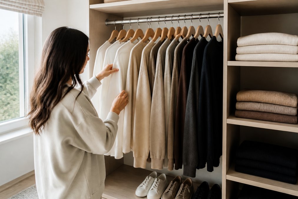Person organizing a minimalist closet with neutral-toned oversized tees, hoodies, and basics arranged by color on wooden hangers, natural window lighting illuminating folded pieces