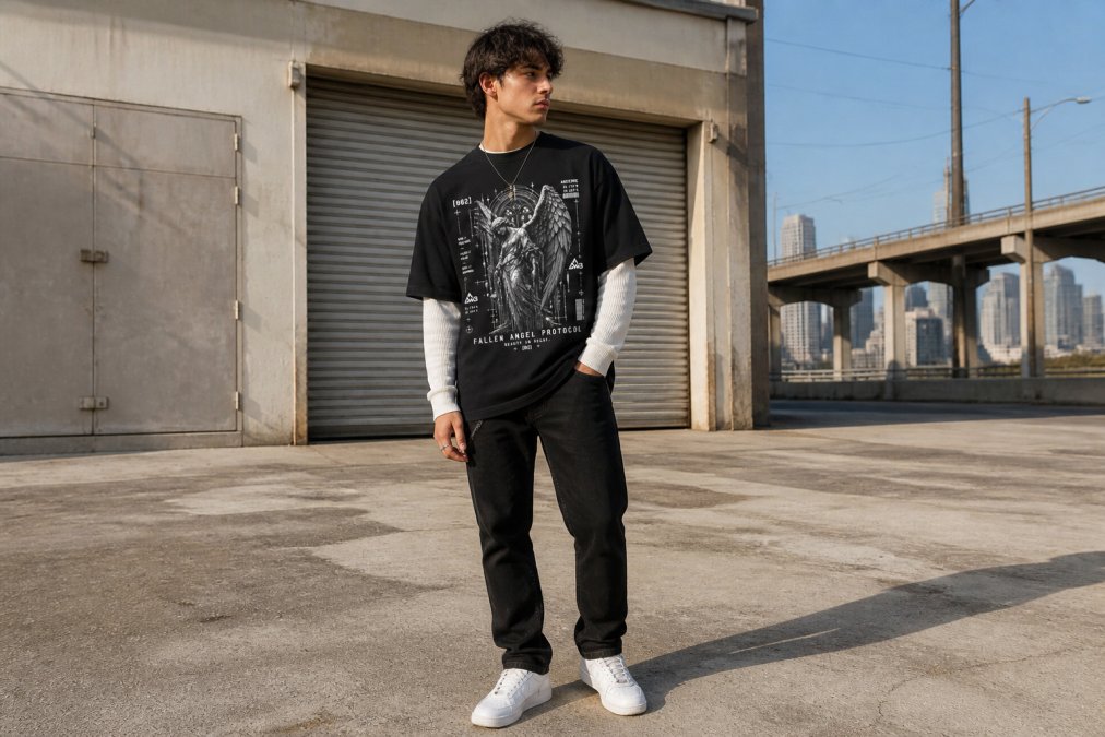 Person wearing an oversized heavyweight graphic tee layered over a fitted long-sleeve thermal, styled with tapered black jeans and white sneakers, standing in urban setting with natural afternoon lighting