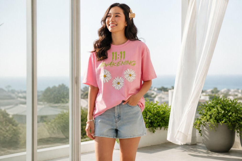 Person wearing a vintage-washed celestial tee with minimalist angel number design, standing in natural daylight near a window, showing the relaxed oversized fit and quality fabric texture