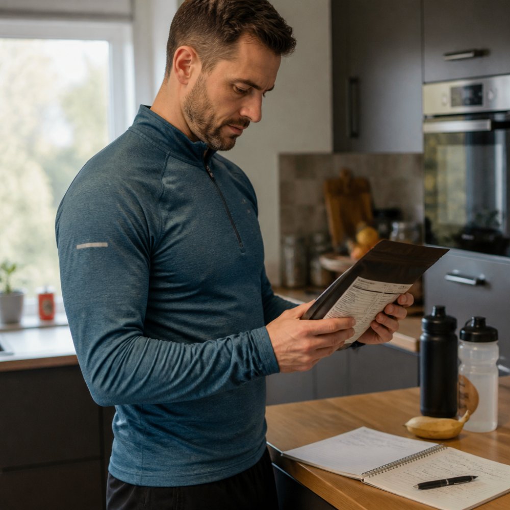 Ein Ausdauersportler in Trainingskleidung hält eine Packung Sportnahrung mit Kölner Liste Siegel in der Hand und prüft die Inhaltsstoffdeklaration auf der Rückseite, im Hintergrund eine Küche mit Sportflaschen und Trainingsplan