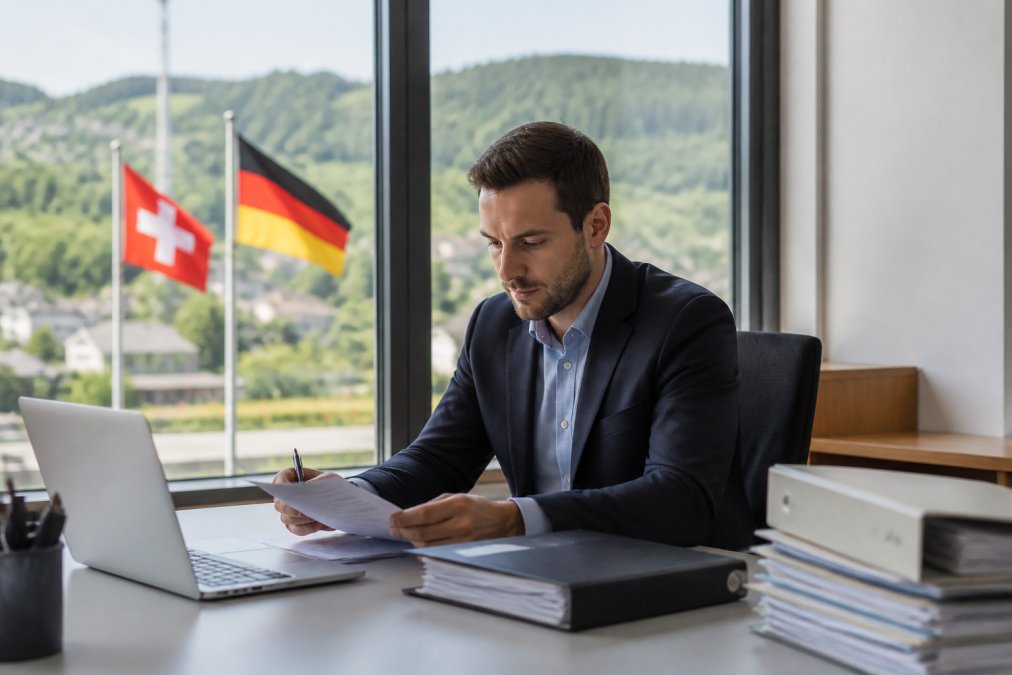 Professional working at desk with laptop, Swiss and German flags visible in background symbolizing border commuter situation, natural office lighting