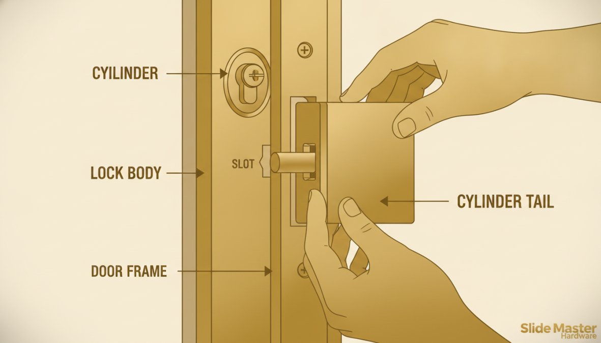 Close-up of a technician's hands installing a surface-mounted Doric sliding door lock on an aluminium door frame, showing cylinder tail positioning and handle attachment
