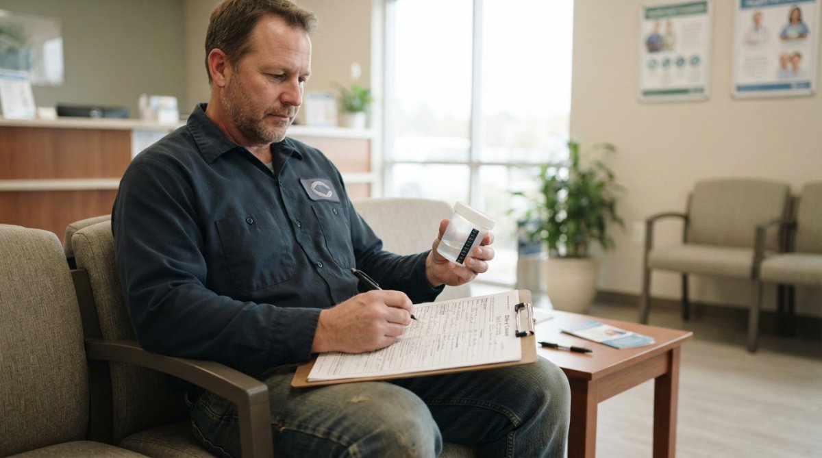 A professional driver in a clean, bright clinic waiting room holding a specimen cup and filling out a chain of custody form on a clipboard