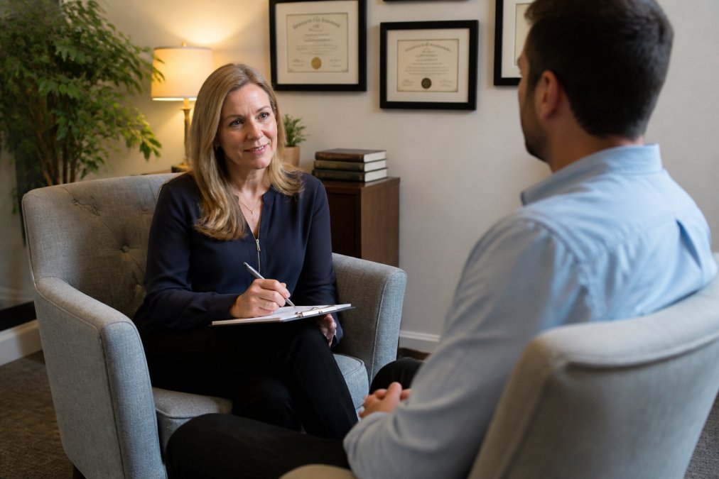 Professional counselor sitting across from a client in a private consultation room, both engaged in conversation, with diplomas and credentials visible on the wall, warm lighting