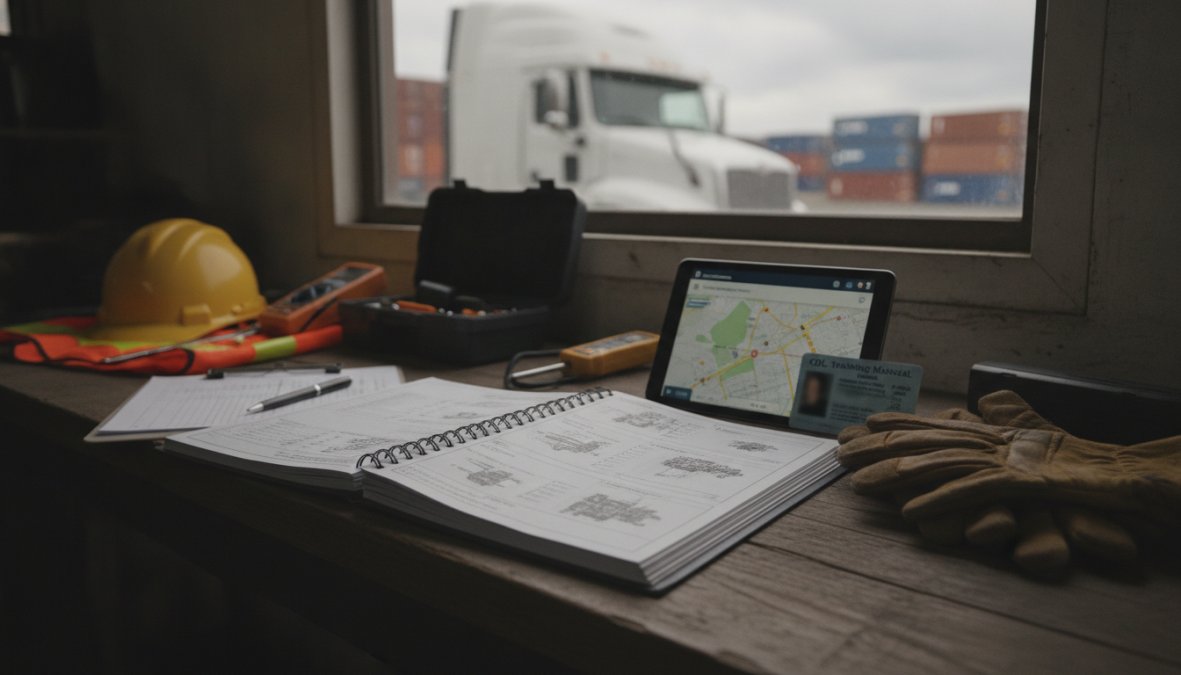A CDL truck driver in a high-visibility orange vest reviewing paperwork on a clipboard near the cab of a large semi-truck in a commercial logistics yard during daylight hours