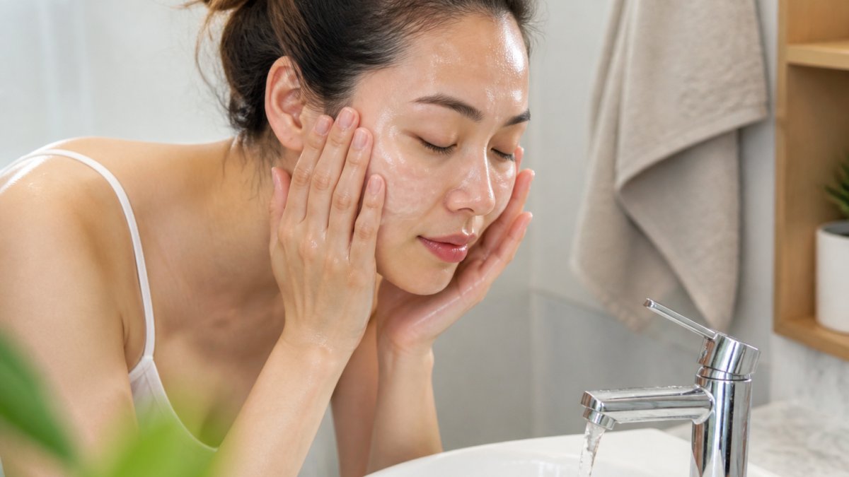 Step-by-step diagram illustrating the gentle technique for massaging cleansing oil onto sensitive facial skin