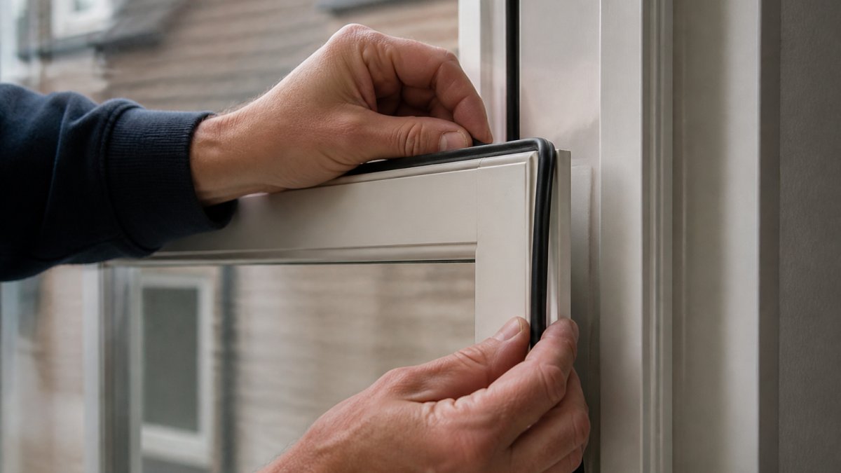 Close-up of professional hand installing weatherstripping seal around secondary glazing frame, showing detail of rubber gasket placement in modern window opening
