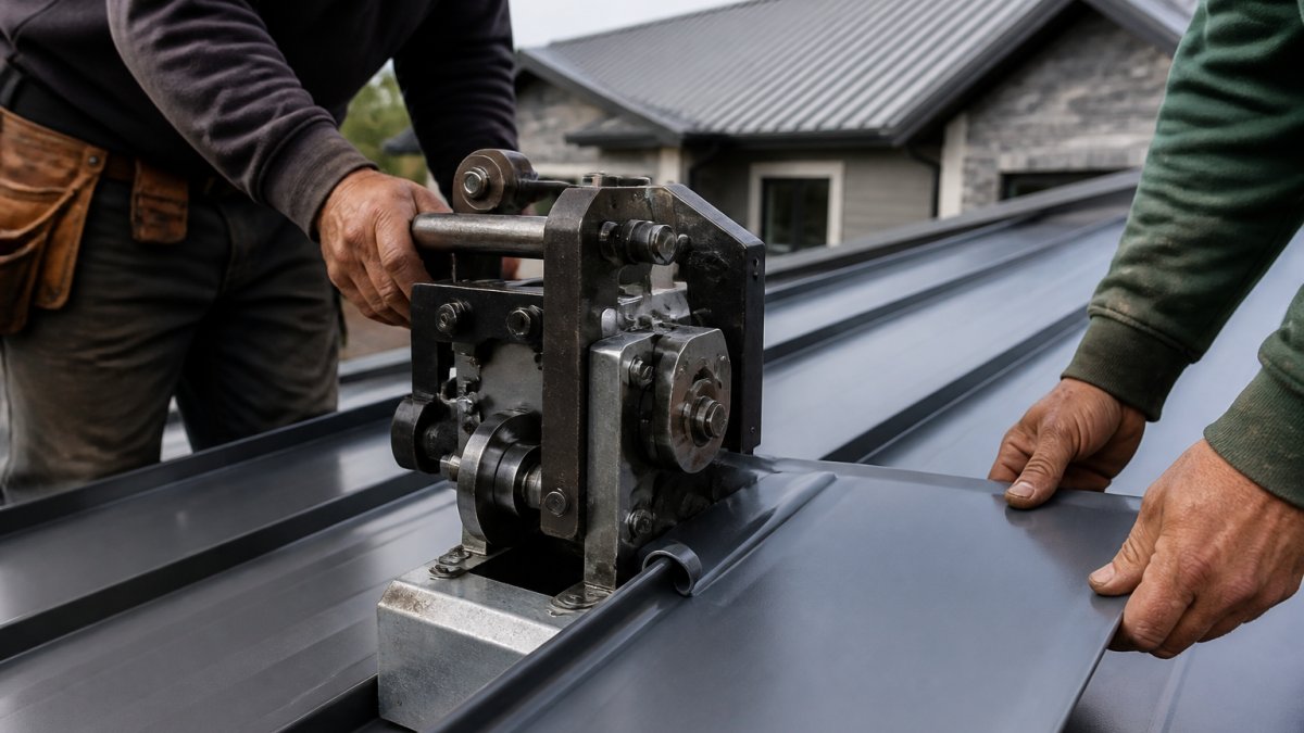 Close-up of a seaming machine mechanically folding and crimping metal panel edges together on a residential roof, showing the precision lock formation in progress with workers' hands guiding the panel alignment