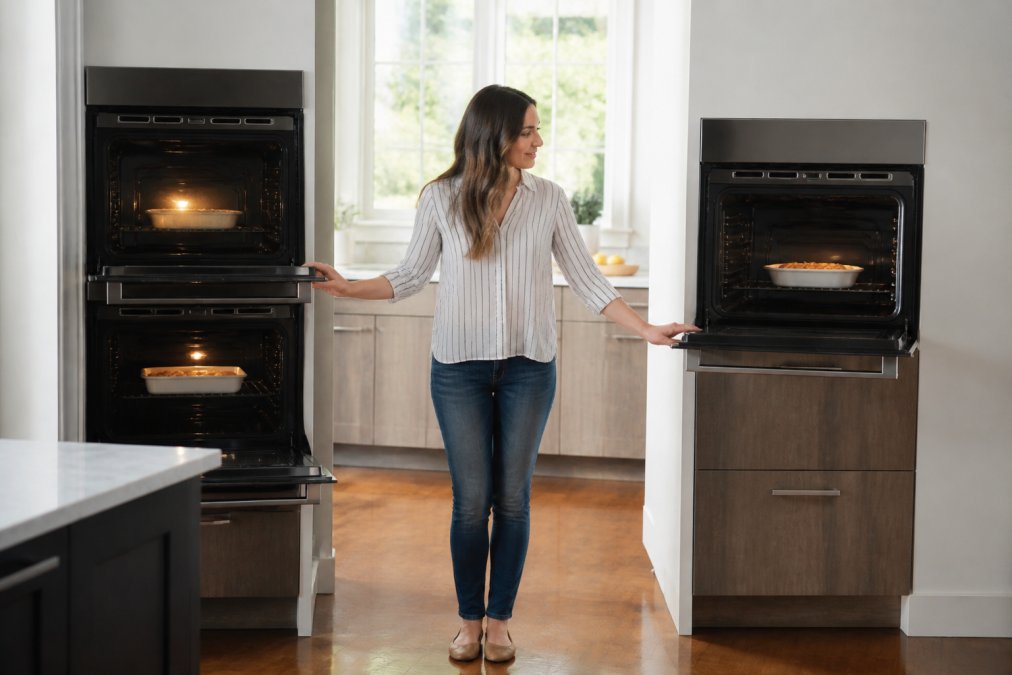 A homeowner in a modern kitchen standing between a double wall oven and a single wall oven, both with doors open showing racks and baking dishes inside, natural light from a window