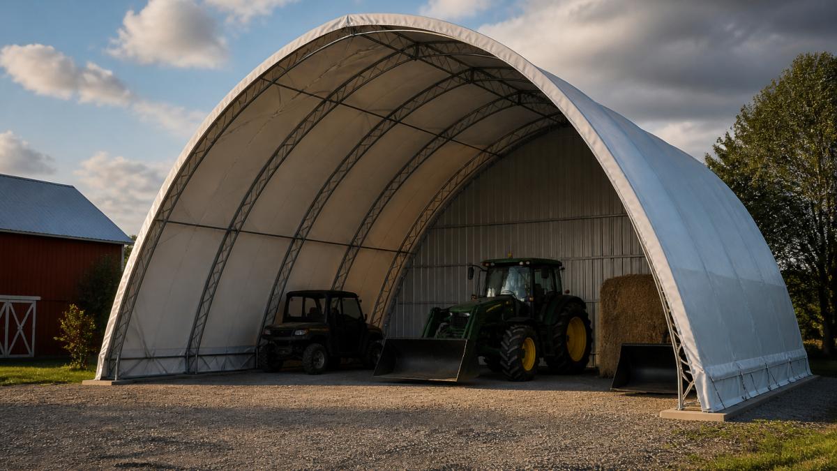 A large double truss storage shelter with galvanized steel frame and PVC canopy standing on a rural property, showing the arched structure and side wall height against an open sky