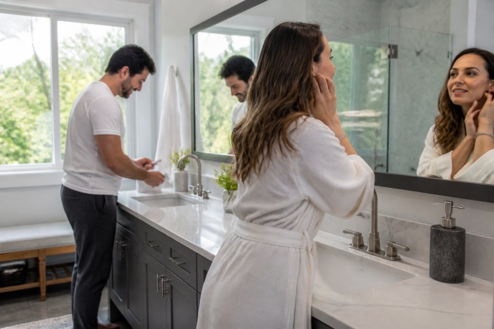 Modern master bathroom with dual-sink vanity, two people using the sinks simultaneously during morning routine, natural lighting from window