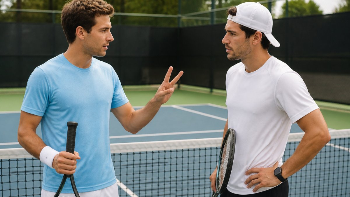 Two competitive doubles tennis partners standing at the net discussing strategy before a match, one demonstrating hand signals while the other watches intently, showing focused pre-match communication